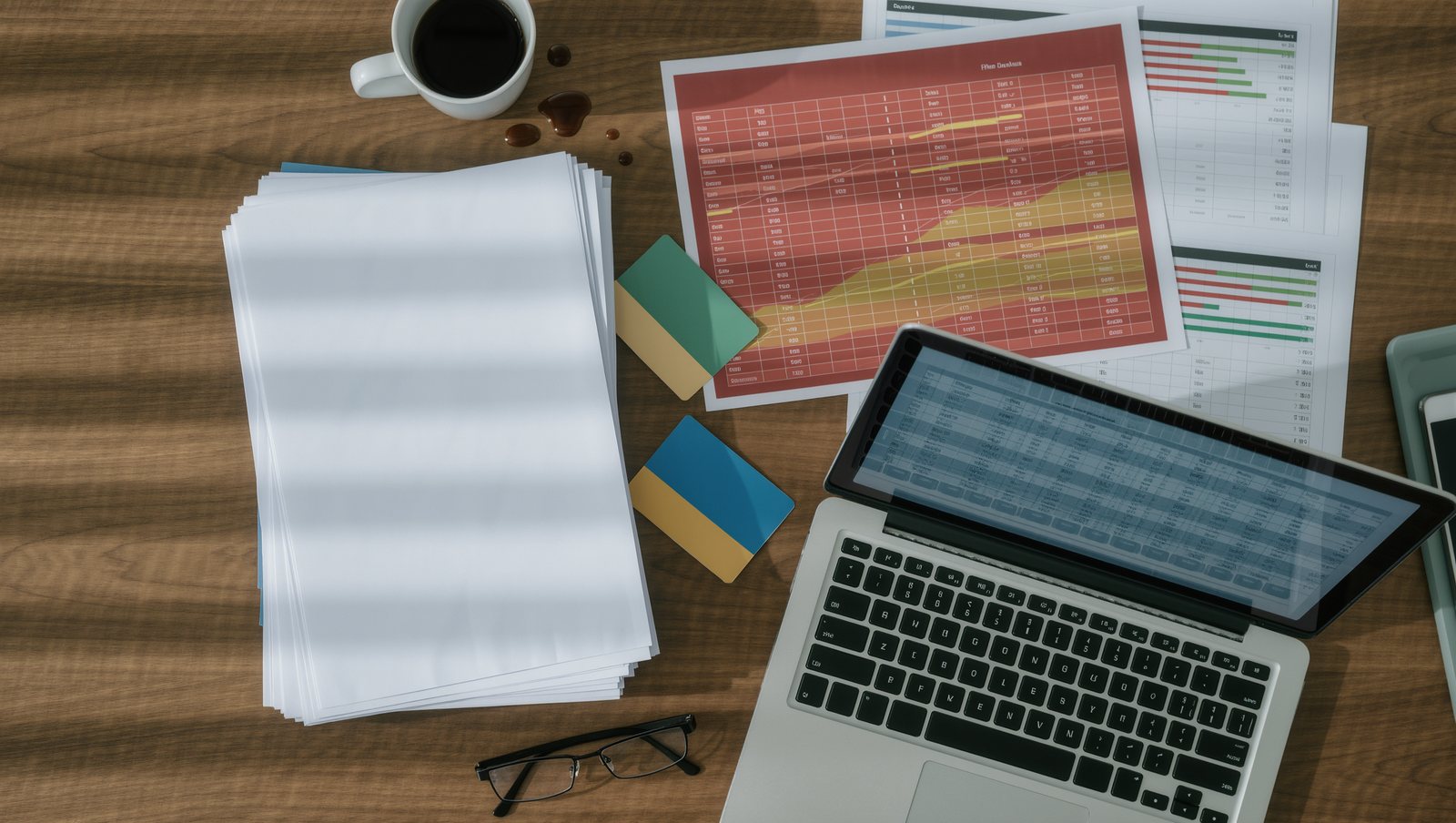 A PMO desk covered in printed Gantt charts, status reports and certification logos